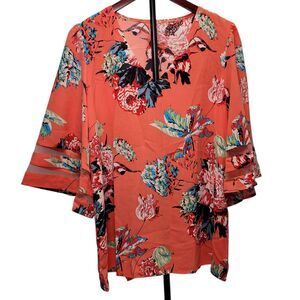 Women's V Neck Mesh Panel Blouse 3/4 Bell Sleeve Floral Print Loose Top X-Large